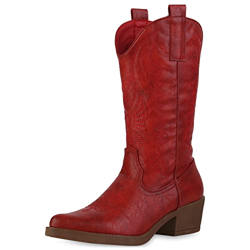 VAN HILL Damen Stiefel Cowboystiefel Stickereien Schuhe Spitze Holzoptikabsatz Western Boots Freizeitschuhe 211608 Rot 37 von VAN HILL