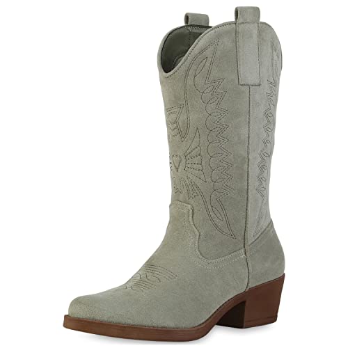 VAN HILL Damen Stiefel Cowboystiefel Stickereien Schuhe Spitze Holzoptikabsatz Western Boots Freizeitschuhe 211609 Hellgrün Velours 41 von VAN HILL