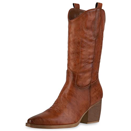 VAN HILL Damen Stiefel Cowboystiefel Stickereien Schuhe Spitze Western Boots Holzoptikabsatz Freizeitstiefel 203595 Hellbraun 36 von VAN HILL