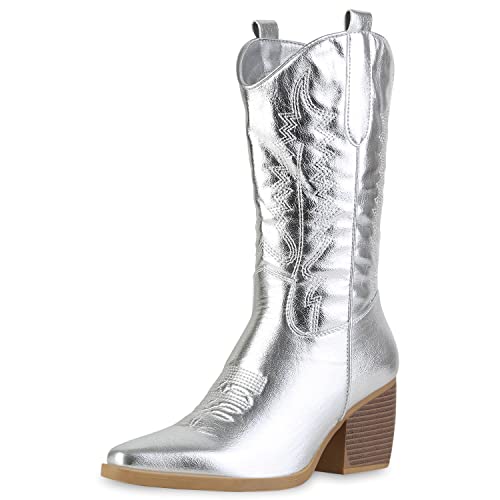 VAN HILL Damen Stiefel Cowboystiefel Stickereien Schuhe Spitze Western Boots Holzoptikabsatz Freizeitstiefel 211266 Silber 38 von VAN HILL