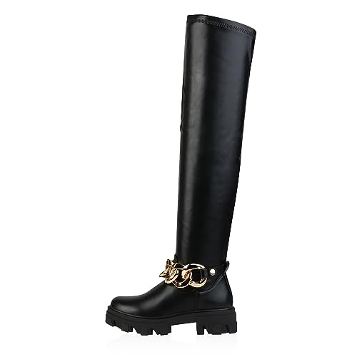 VAN HILL Damen Stiefel Overknees Blockabsatz Ketten Schuhe Plateau Vorne Freizeitschuhe Profilsohle Boots 201443 Schwarz 37 von VAN HILL