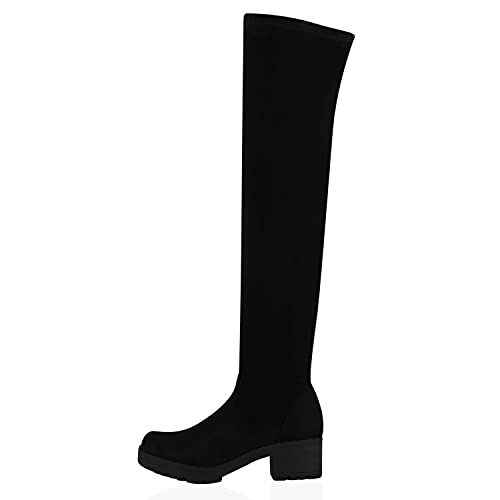 VAN HILL Damen Stiefel Overknees Leicht Gefütterte Boots Plateau Vorne Profilsohle Schuhe Bequeme Langschaftstiefel 610444 Schwarz 39 von VAN HILL