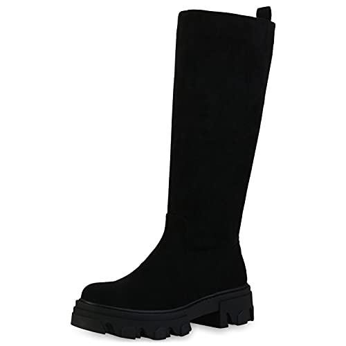 VAN HILL Damen Stiefel Plateaustiefel Blockabsatz Schuhe Plateau Vorne Profilsohle Plateauschuhe Boots Freizeitschuhe 201161 Schwarz Velours 36 von VAN HILL