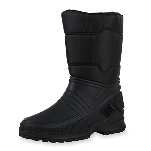 VAN HILL Damen Stiefel Warm Gefütterte Winterstiefel Gesteppter Schaft Profilsohle Schuhe Blockabsatz Winterboots Schlupfschuhe 610493 Schwarz 42 von VAN HILL