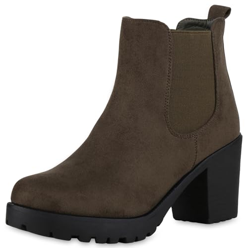 VAN HILL Damen Stiefeletten Chelsea Boots Profil Sohle 70's Schuhe 611528 Dunkelgrün 36 von VAN HILL