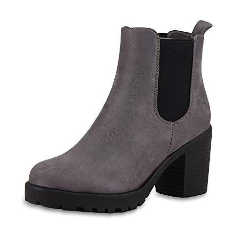 VAN HILL Damen Stiefeletten Chelsea Boots Profilsohle 70's Schuhe 125351 Grau 40 von VAN HILL