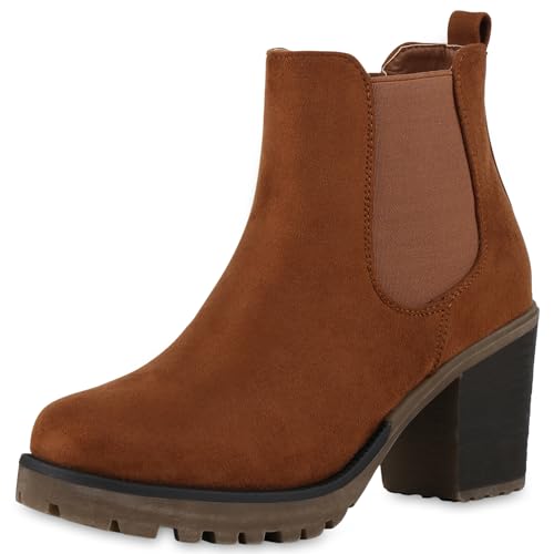 VAN HILL Damen Stiefeletten Chelsea Boots Profilsohle 70's Schuhe 611524 Hellbraun 40 von VAN HILL