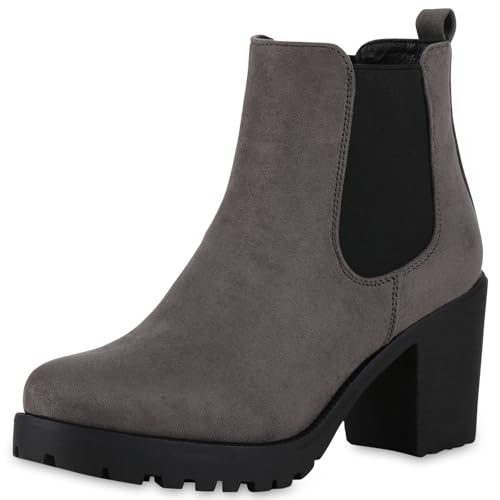 VAN HILL Damen Stiefeletten Chelsea Boots Profilsohle 70's Schuhe 611525 Grau 36 von VAN HILL