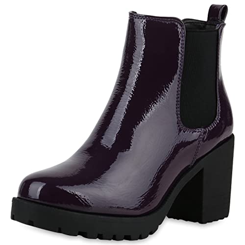 VAN HILL Damen Stiefeletten Chelsea Boots Profilsohle Blockabsatz Schuhe 610549 Lila Lack 38 von VAN HILL
