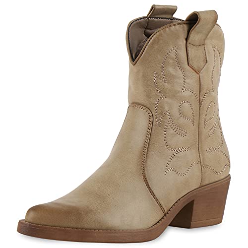 VAN HILL Damen Stiefeletten Cowboy Boots Schuhe 201321 Khaki PU 36 von VAN HILL