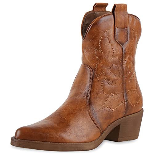 VAN HILL Damen Stiefeletten Cowboy Boots Schuhe 201322 Hellbraun PU 37 von VAN HILL