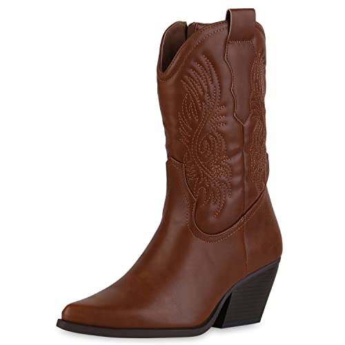 VAN HILL Damen Stiefeletten Cowboy Boots Schuhe Holzoptikabsatz Freizeit Stiefel Spitze Stickereien Western Booties 211809 Hellbraun 38 von VAN HILL