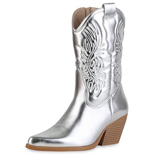 VAN HILL Damen Stiefeletten Cowboy Boots Schuhe Holzoptikabsatz Freizeit Stiefel Spitze Stickereien Western Booties 211811 Silber 38 von VAN HILL