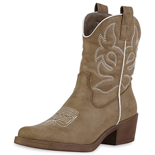 VAN HILL Damen Stiefeletten Cowboy Boots Spitze Stickereien Schuhe Holzoptikabsatz Western Booties 211587 Khaki 41 von VAN HILL