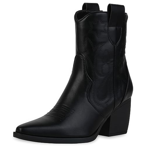 VAN HILL Damen Stiefeletten Cowboy Boots Trichterabsatz Schuhe Stickereien Western Booties Holzoptikabsatz Schuhe 201417 Schwarz 36 von VAN HILL