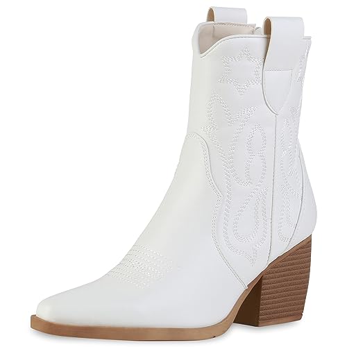 VAN HILL Damen Stiefeletten Cowboy Boots Trichterabsatz Schuhe Stickereien Western Booties Holzoptikabsatz Schuhe 205362 Weiss 37 von VAN HILL