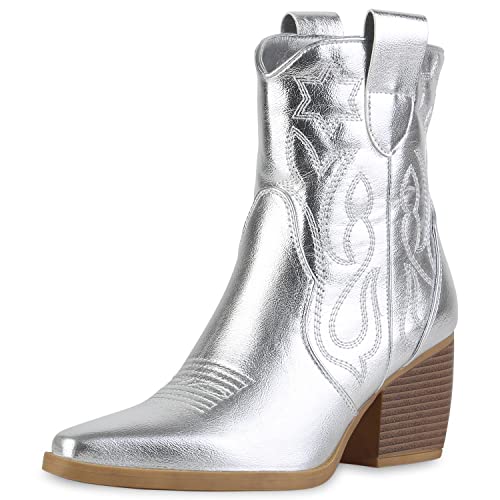 VAN HILL Damen Stiefeletten Cowboy Boots Trichterabsatz Schuhe Stickereien Western Booties Holzoptikabsatz Schuhe 211596 Silber 36 von VAN HILL