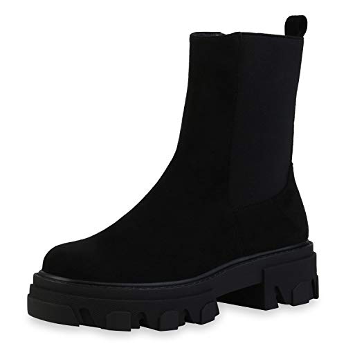 VAN HILL Damen Stiefeletten Freizeit Plateau Vorne Boots Blockabsatz Stiefel Profilsohle Absatzschuhe Herbst Schuhe 197454 Schwarz 37 von VAN HILL