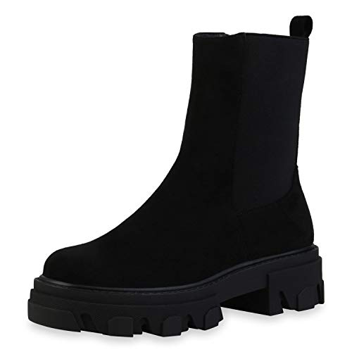 VAN HILL Damen Stiefeletten Freizeit Plateau Vorne Boots Blockabsatz Stiefel Profilsohle Absatzschuhe Herbst Schuhe 197454 Schwarz 40 von VAN HILL