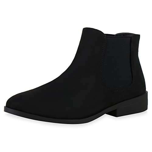 VAN HILL Damen Stiefeletten Lederoptik Chelsea Boots Blockabsatz Freizeit Schuhe Bequeme Kurzschaft-Stiefel Ankle Boots 610526 Schwarz Velours 37 von VAN HILL