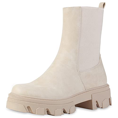 VAN HILL Damen Stiefeletten Lederoptik Plateau Boots Blockabsatz Stiefel Freizeit Schuhe Profilsohle Booties Plateauschuhe 201118 Creme 36 von VAN HILL