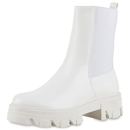 VAN HILL Damen Stiefeletten Lederoptik Plateau Boots Blockabsatz Stiefel Freizeit Schuhe Profilsohle Booties Plateauschuhe 208918 Weiss Robust 38 von VAN HILL