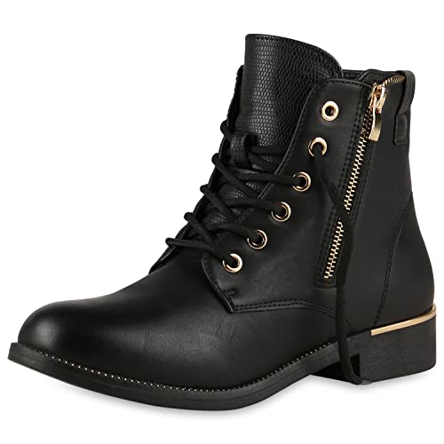 VAN HILL Damen Stiefeletten Lederoptik Schnürstiefeletten Zipper Ketten Prints Schuhe Blockabsatz Schnürer Bequeme Schnürboots 610448 Schwarz Muster 38 von VAN HILL