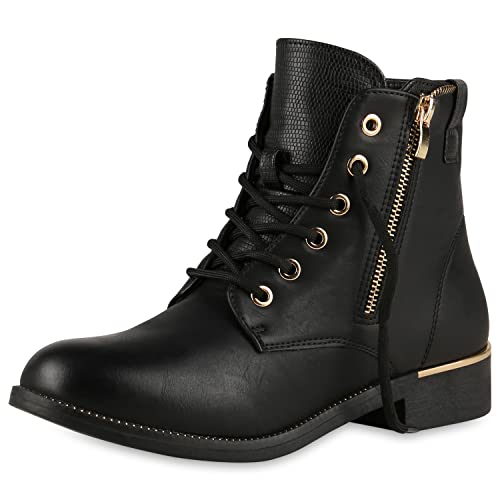 VAN HILL Damen Stiefeletten Lederoptik Schnürstiefeletten Zipper Ketten Prints Schuhe Blockabsatz Schnürer Bequeme Schnürboots 610448 Schwarz Muster 41 von VAN HILL