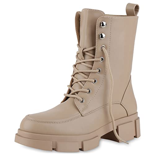 VAN HILL Damen Stiefeletten Leicht Gefüttert Schnürstiefeletten Blockabsatz Schuhe Stiefel 209221 Tan 40 von VAN HILL