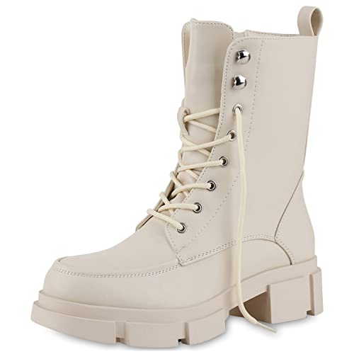 VAN HILL Damen Stiefeletten Leicht Gefüttert Schnürstiefeletten Blockabsatz Schuhe Stiefel 209222 Creme 36 von VAN HILL