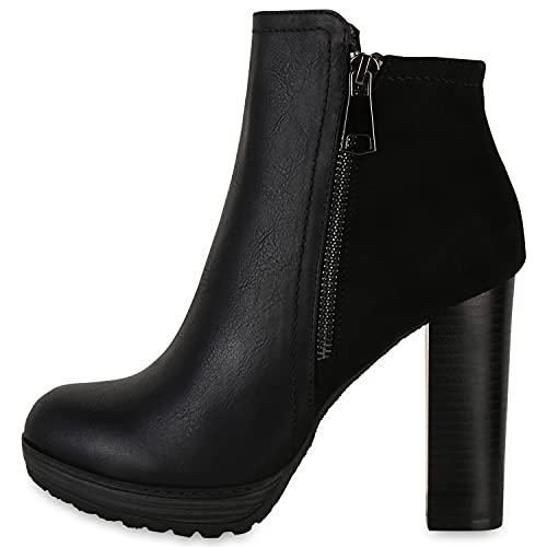 VAN HILL Damen Stiefeletten Plateau Ankle Boots High Heels-Boots Zipper Holzoptikabsatz Schuhe 610435 Schwarz Nero 36 von VAN HILL