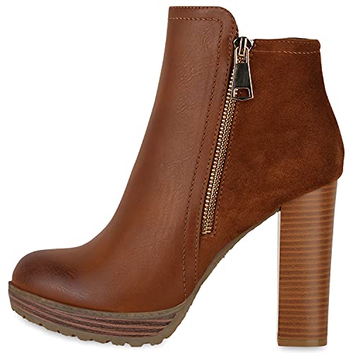 VAN HILL Damen Stiefeletten Plateau Ankle Boots High Heels-Boots Zipper Holzoptikabsatz Schuhe 610436 Hellbraun 39 von VAN HILL