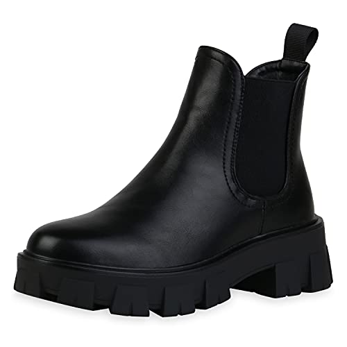 VAN HILL Damen Stiefeletten Plateau Boots Blockabsatz Profilsohle Schuhe Freizeit Booties Plateauschuhe 198962 Schwarz Total 38 von VAN HILL