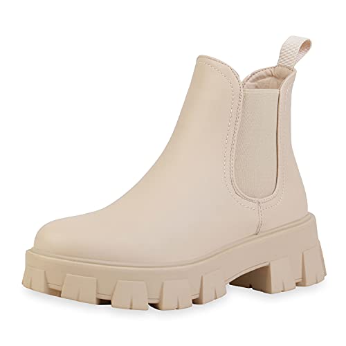 VAN HILL Damen Stiefeletten Plateau Boots Blockabsatz Profilsohle Schuhe Freizeit Booties Plateauschuhe 199468 Beige 36 von VAN HILL