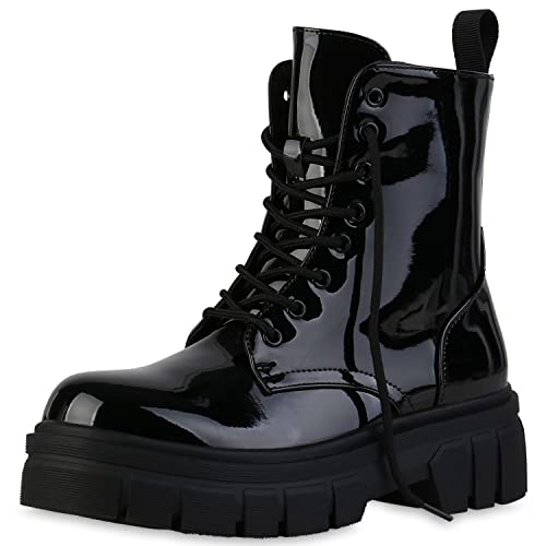 VAN HILL Damen Stiefeletten Plateau Boots Blockabsatz Schuhe Freizeit Stiefel Profilsohle Booties Plateauschuhe 207060 Schwarz Lack 36 von VAN HILL