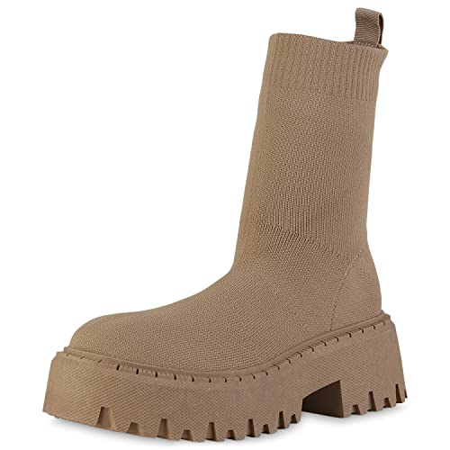 VAN HILL Damen Stiefeletten Plateau Boots Blockabsatz Schuhe Stiefel Strick Plateauschuhe Stoff Booties Profilsohle Schlupfschuhe 208720 Khaki 37 von VAN HILL
