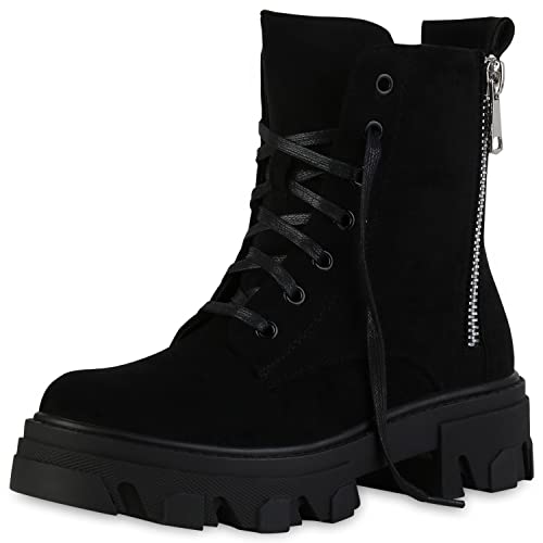 VAN HILL Damen Stiefeletten Plateau Boots Kroko Zipper Schuhe Blockabsatz Schnürer Lederoptik Plateauschuhe Freizeit Schnürboots 210056 Schwarz Robust 37 von VAN HILL