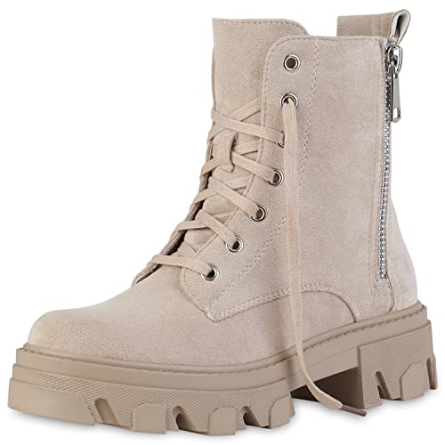 VAN HILL Damen Stiefeletten Plateau Boots Kroko Zipper Schuhe Blockabsatz Schnürer Lederoptik Plateauschuhe Freizeit Schnürboots 210057 Beige Velours 38 von VAN HILL