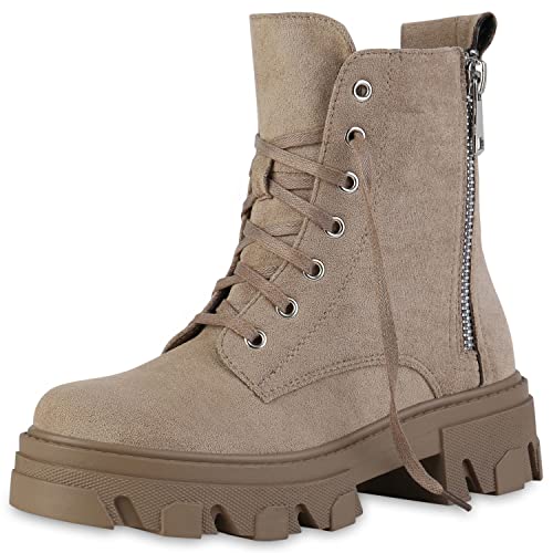 VAN HILL Damen Stiefeletten Plateau Boots Kroko Zipper Schuhe Blockabsatz Schnürer Lederoptik Plateauschuhe Freizeit Schnürboots 210058 Khaki Plateau 36 von VAN HILL