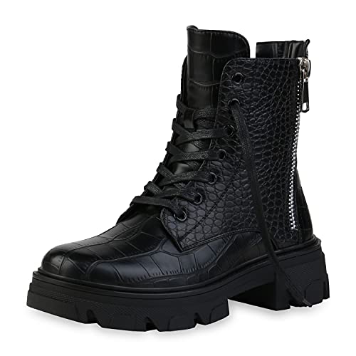 VAN HILL Damen Stiefeletten Plateau Boots Kroko Zipper Schuhe Blockabsatz Schnürer Lederoptik Plateauschuhe Schnürboots 197553 Schwarz Kroko 36 von VAN HILL