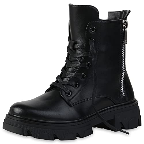 VAN HILL Damen Stiefeletten Plateau Boots Kroko Zipper Schuhe Blockabsatz Schnürer Lederoptik Plateauschuhe Schnürboots 201141 Schwarz Nero 36 von VAN HILL