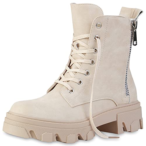 VAN HILL Damen Stiefeletten Plateau Boots Kroko Zipper Schuhe Blockabsatz Schnürer Lederoptik Plateauschuhe Schnürboots 201144 Beige Nude 36 von VAN HILL