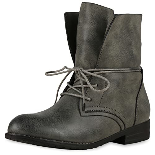 VAN HILL Damen Stiefeletten Schnürstiefeletten Leder-Optik Schuhe Basic Boots Schnürer Freizeitschuhe 149638 Dunkelgrau 37 von VAN HILL