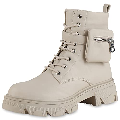 VAN HILL Damen Stiefeletten Schnürstiefeletten Zipper Schuhe Blockabsatz Plateau Vorne Schnürer Zipper Profilsohle Booties 205577 Beige 40 von VAN HILL