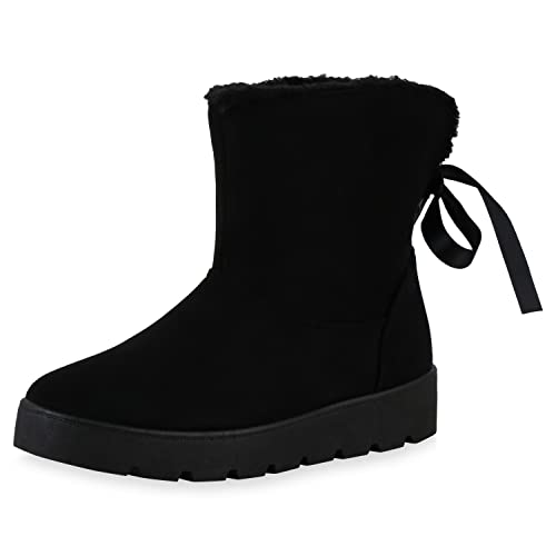 VAN HILL Damen Stiefeletten Warm Gefütterte Schlupfstiefeletten Schleifen Profilsohle Schuhe Flache Stiefel Bequeme Winterboots 610467 Schwarz Nero 40 von VAN HILL