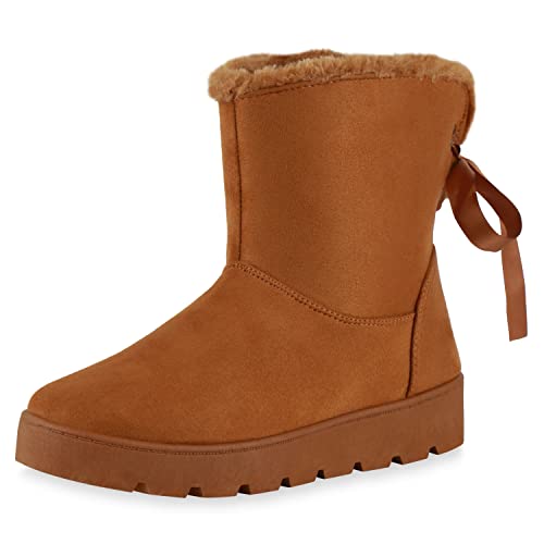 VAN HILL Damen Stiefeletten Warm Gefütterte Schlupfstiefeletten Schleifen Profilsohle Schuhe Flache Stiefel Bequeme Winterboots 610468 Tan 40 von VAN HILL