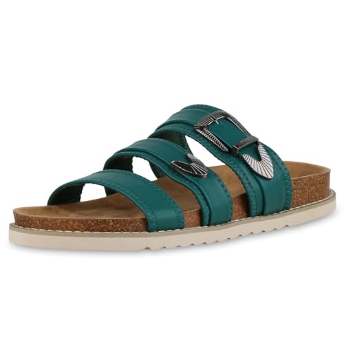 VAN HILL Damen Übergrößen Pantoletten Flach Schnallen Trendy Schuhe 215773 Grün 45 von VAN HILL