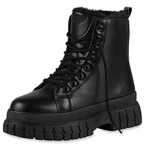 VAN HILL Damen Warm Gefütterte Plateau Boots Chunky Stiefeletten Blockabsatz Schuhe Profilsohle Schnürer Kunstfell Booties 201797 Schwarz 37 von VAN HILL