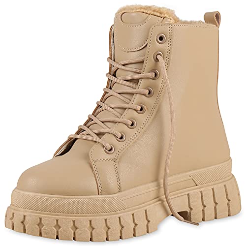 VAN HILL Damen Warm Gefütterte Plateau Boots Chunky Stiefeletten Blockabsatz Schuhe Profilsohle Schnürer Kunstfell Booties 201798 Tan 38 von VAN HILL