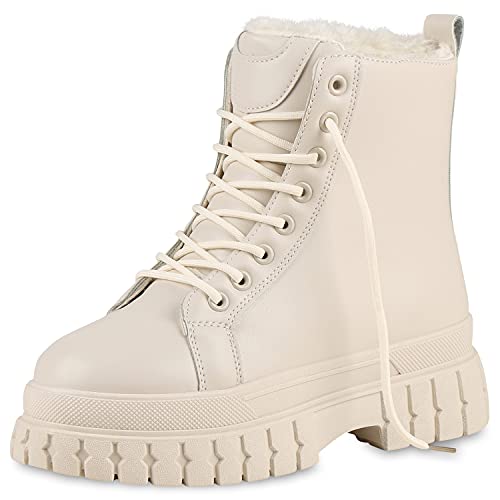 VAN HILL Damen Warm Gefütterte Plateau Boots Chunky Stiefeletten Blockabsatz Schuhe Profilsohle Schnürer Kunstfell Booties 201799 Beige 37 von VAN HILL